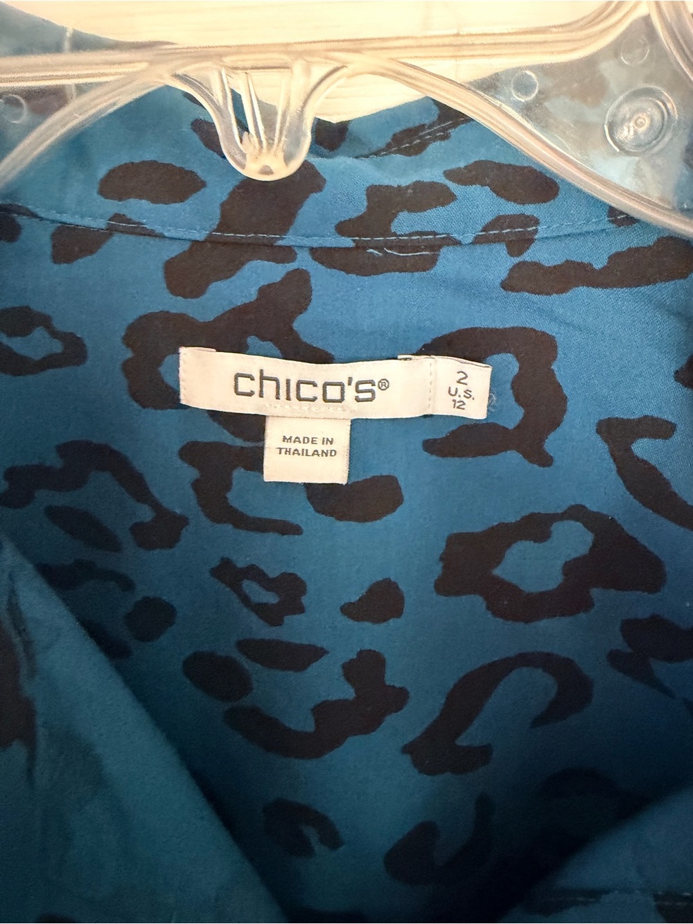 Ladies Size 2 "Chico's" Teal & Black Leopard Print Top Button Down Long Sleeves - Picture 2 of 7